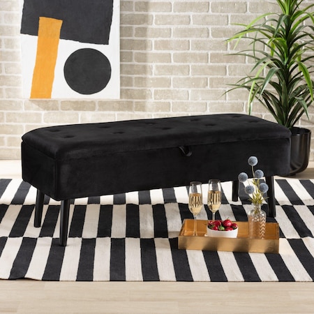 Baxton Studio Caine ModernBlack Velvet Upholstered and Dark Brown Finished Wood Storage Bench 197-12203-ZORO